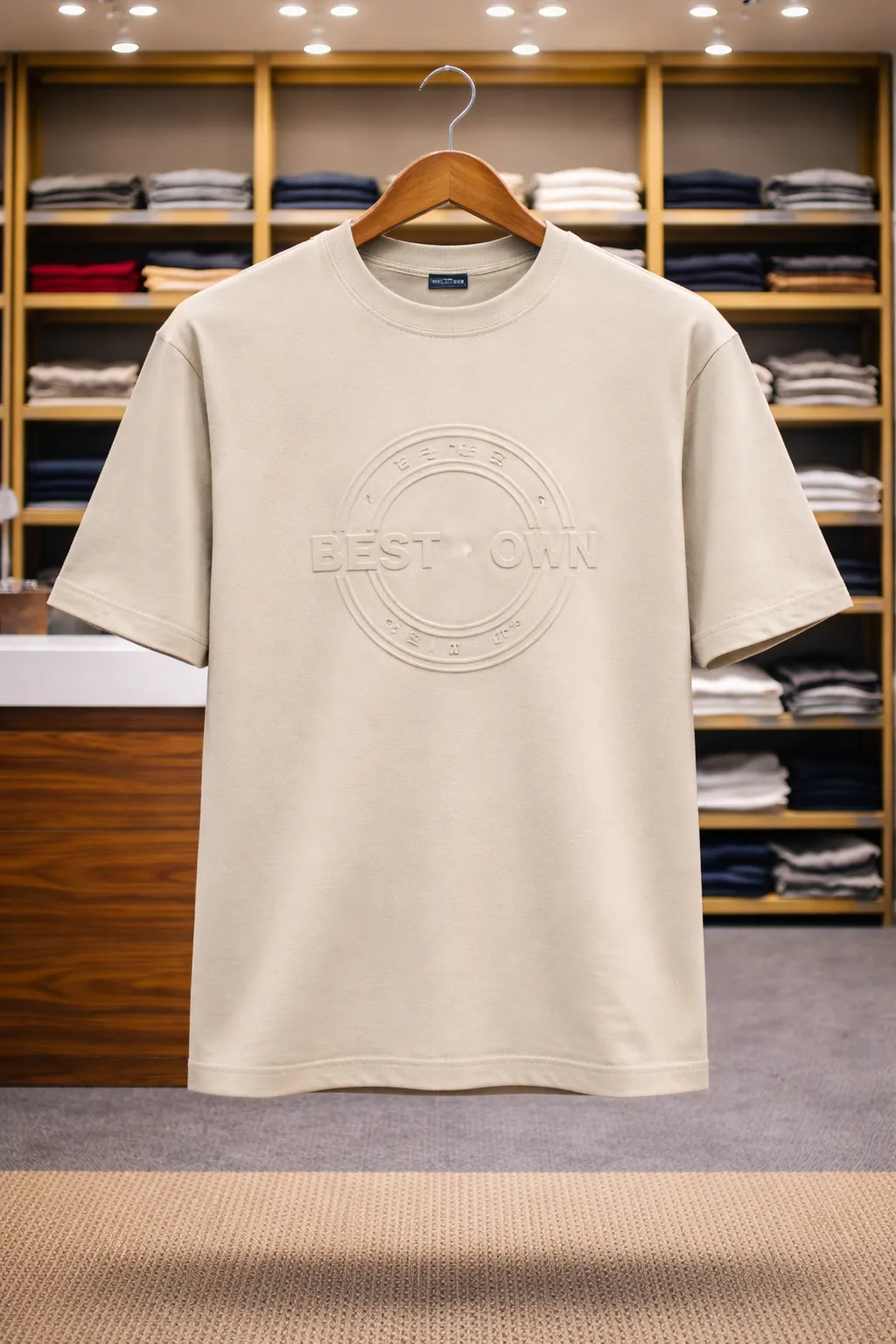Men's Beige Embossed Logo T-Shirt
